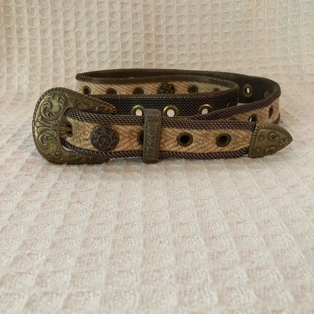 Sand Castle Vintage Metal, Mesh, Fabric And Leather Belt